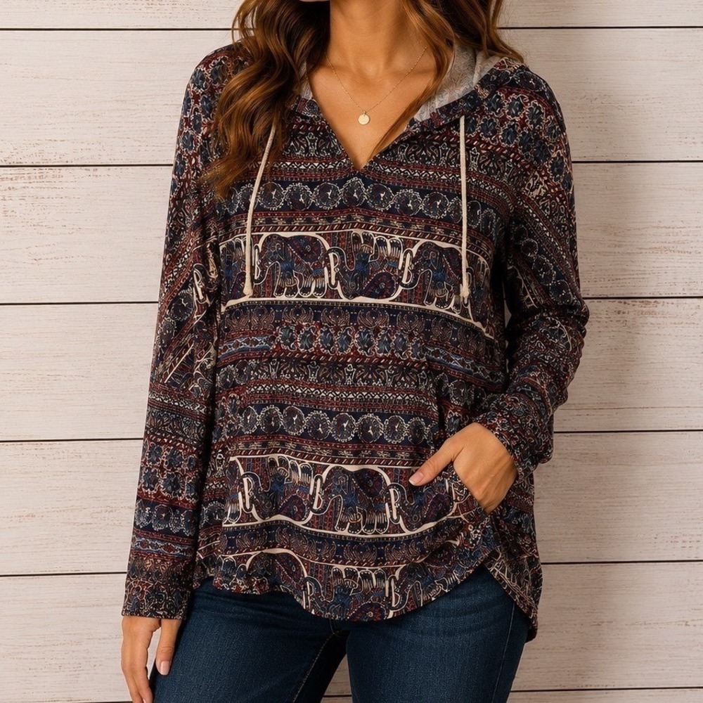 Yak & Yeti Elephant Paisley Boho Hoodie V-Neck Top XL Blue Red 22658 NEW